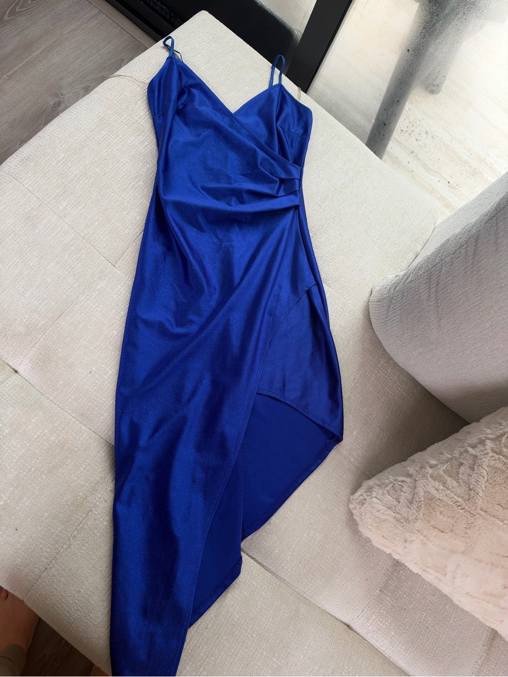 Emerald Sundae Royal Blue Asymmetrical Satin Slip Dress